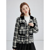 Chic Plaid Contrast Woolen Women's Short Jacket