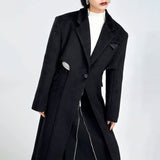 Elegant Woolen Overcoat with Waist Cut-Out