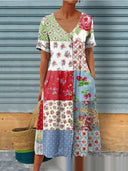 Women's Geometric V-Neck Linen-Look A-Line Dress