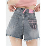 Lässige Jeans-Shorts mit hoher Taille und Stickerei für Damen