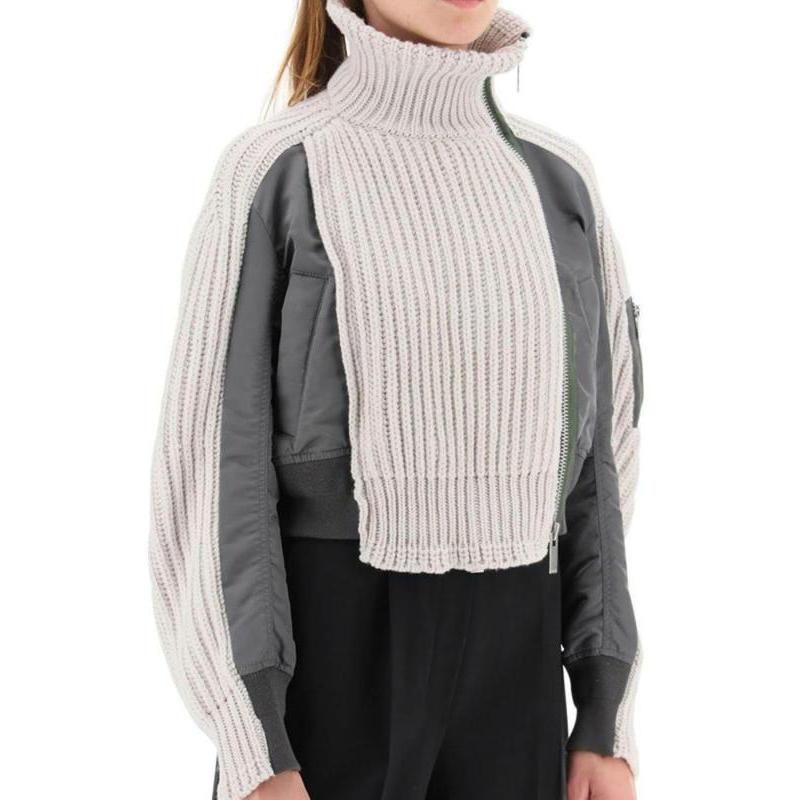 Chaqueta de invierno de moda para mujer de punto acanalado con cuello levantado y detalle de cremallera