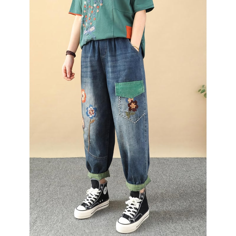 Embroidered Patchwork Ankle-Length Harem Jeans