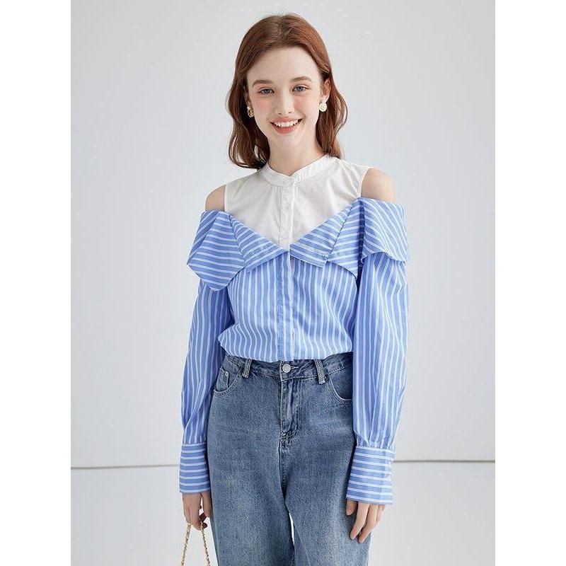 Schicke gestreifte Langarm-Off-Shoulder-Bluse