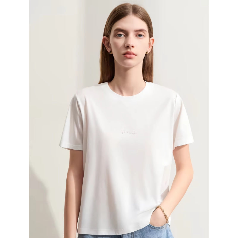 Minimalistisches, kurzärmliges Mesh-T-Shirt mit Perlenstickerei