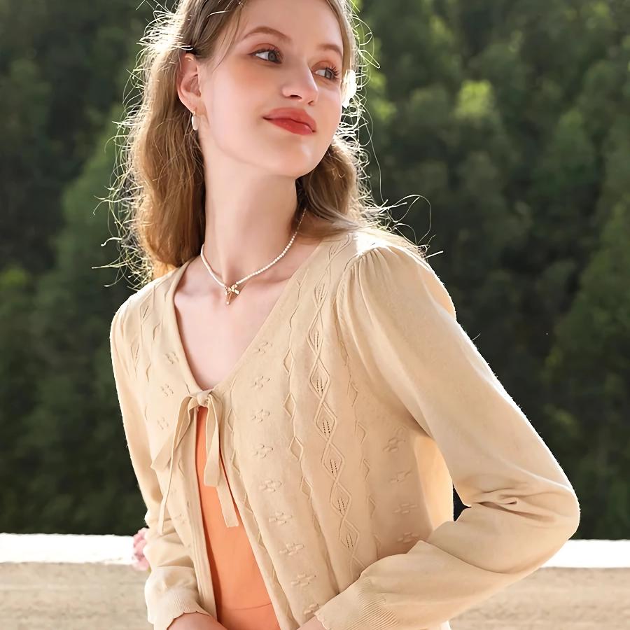 Apricot Elegant V-Neck French Style Knit Cardigan