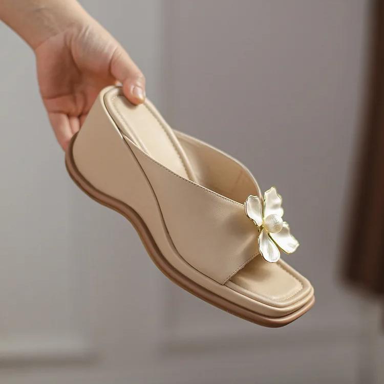 Elegant Pearl Flower High Heel Wedge Slides