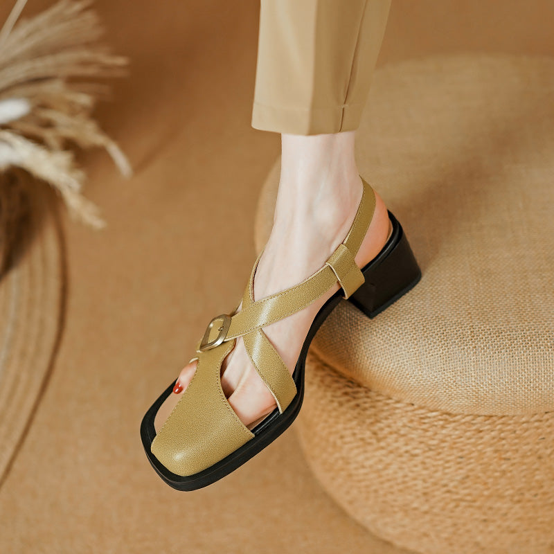 Sandalias de cuero de tacón cuadrado retro de verano para mujer