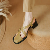 Summer Retro Square Heel Leather Sandals for Women