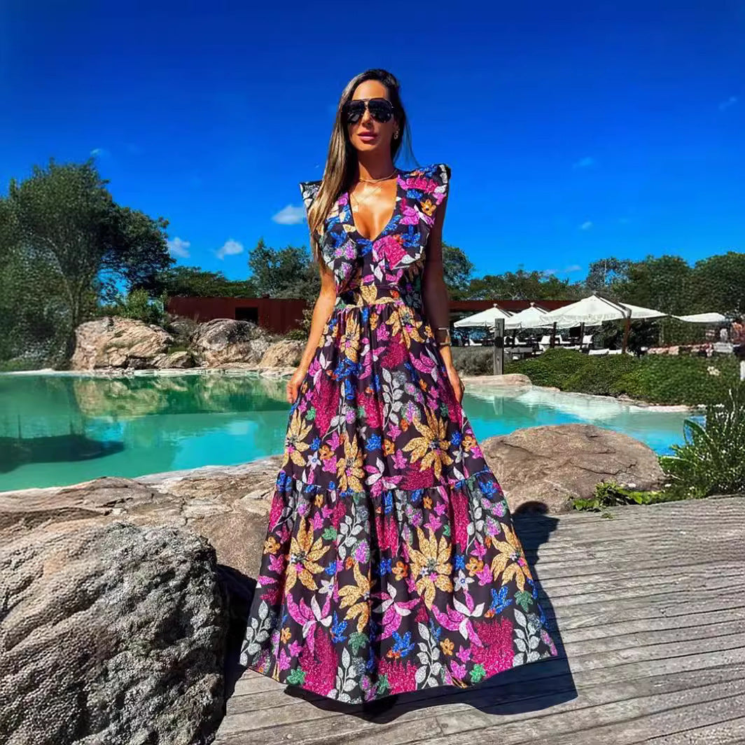 Vestido largo para mujer sin mangas con escote en V profundo y estampado azul estilo vacaciones