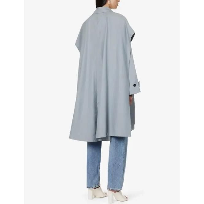 Gray Blue Bat Sleeve Trench Coat with Double Breasted Design