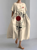 Printed Short-Sleeve Patchwork Midi Dress