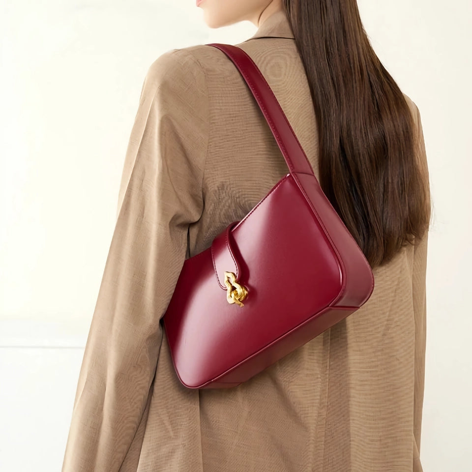 Bolso de hombro de media luna de cuero genuino rojo vino de lujo para mujer