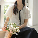 Vintage Lace Puff Sleeve V-Neck Shirt