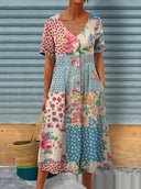 Women's Geometric V-Neck Linen-Look A-Line Dress