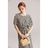 Elegant Striped Silk Mid-Calf Dress with Batwing Sleeves