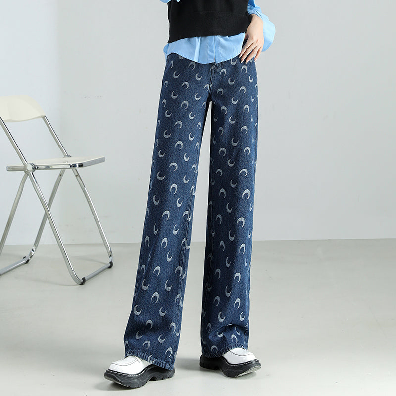 High-Waist Baggy-Jeans mit Moon-Print für Damen: Lässiger Denim im Vintage-Stil