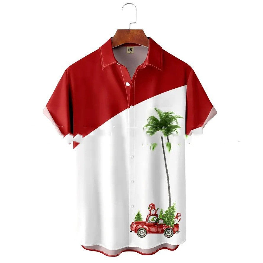 Men's Lapel Basic Holiday Printed Short-sleeved Shirt