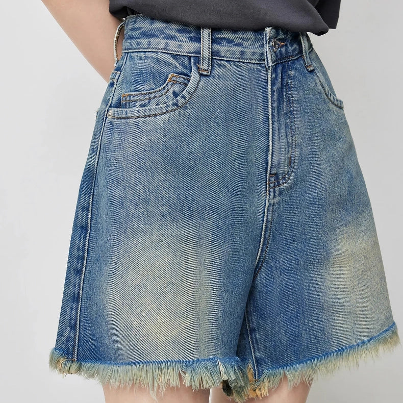 Jeansshorts mit hoher Taille und Quasten für Damen