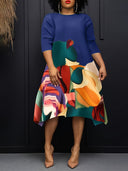 Women's Abstract-Print Three-Quarter-Sleeve Midi Dress