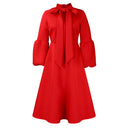 Puff-Sleeve Bow-Tie High-Waist Swing Midi Dress