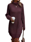 Women's High-Neck Long-Sleeve Slit Knit Dress