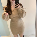 Vestido de punto entallado con cuello en V cruzado y manga larga para mujer