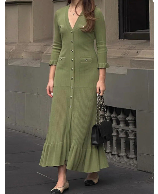 Vestido de punto de largo medio con mangas con volantes y escote en V elegante estilo francés para mujer