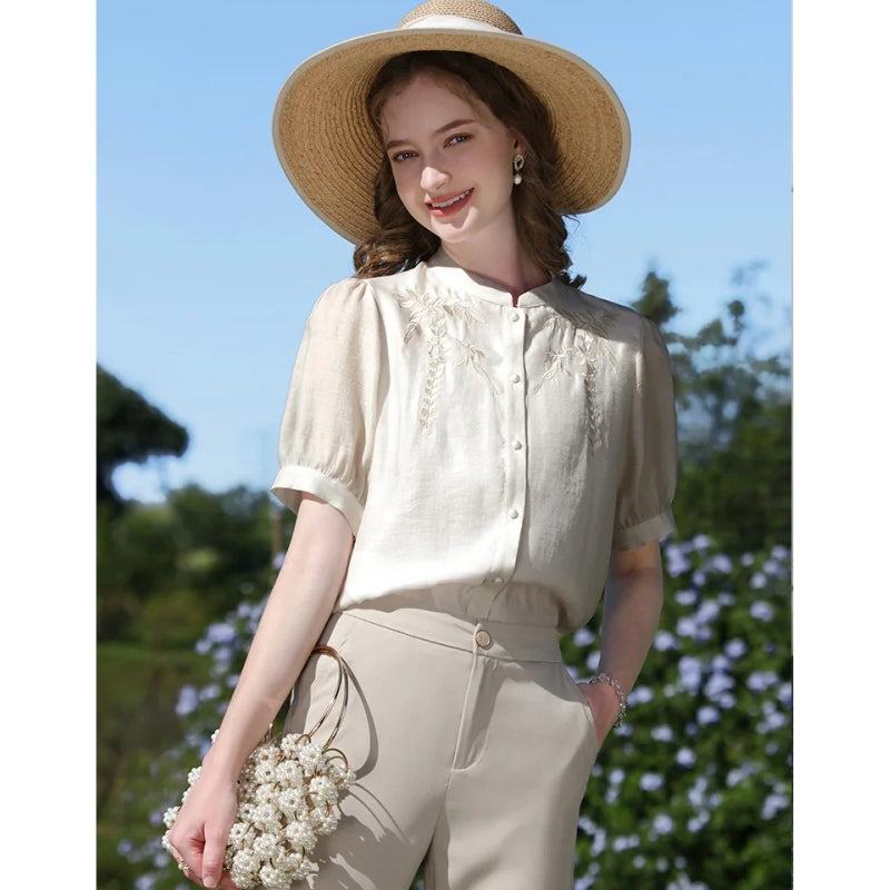 Elegante Bluse mit Puffärmeln im chinesischen Stil aus Seidenmischung