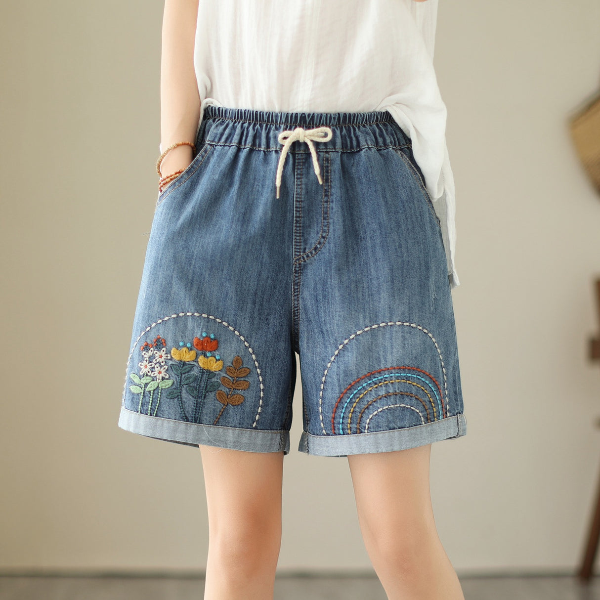 Floral Embroidered Denim Harem Shorts