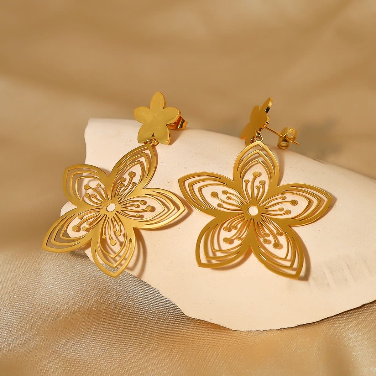 Gold Plated Stainless Steel Flower Drop Earrings