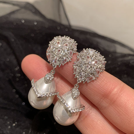 Super Sparkling Balloon S925 Silver Needle One Piece Dress Wave Elegant Drop Pearl Earrings - Dazpy