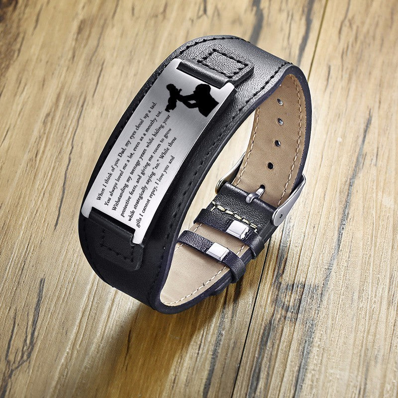 Hand Polished Square Steel Lettering Leather Stainless Steel Bracelet - Dazpy