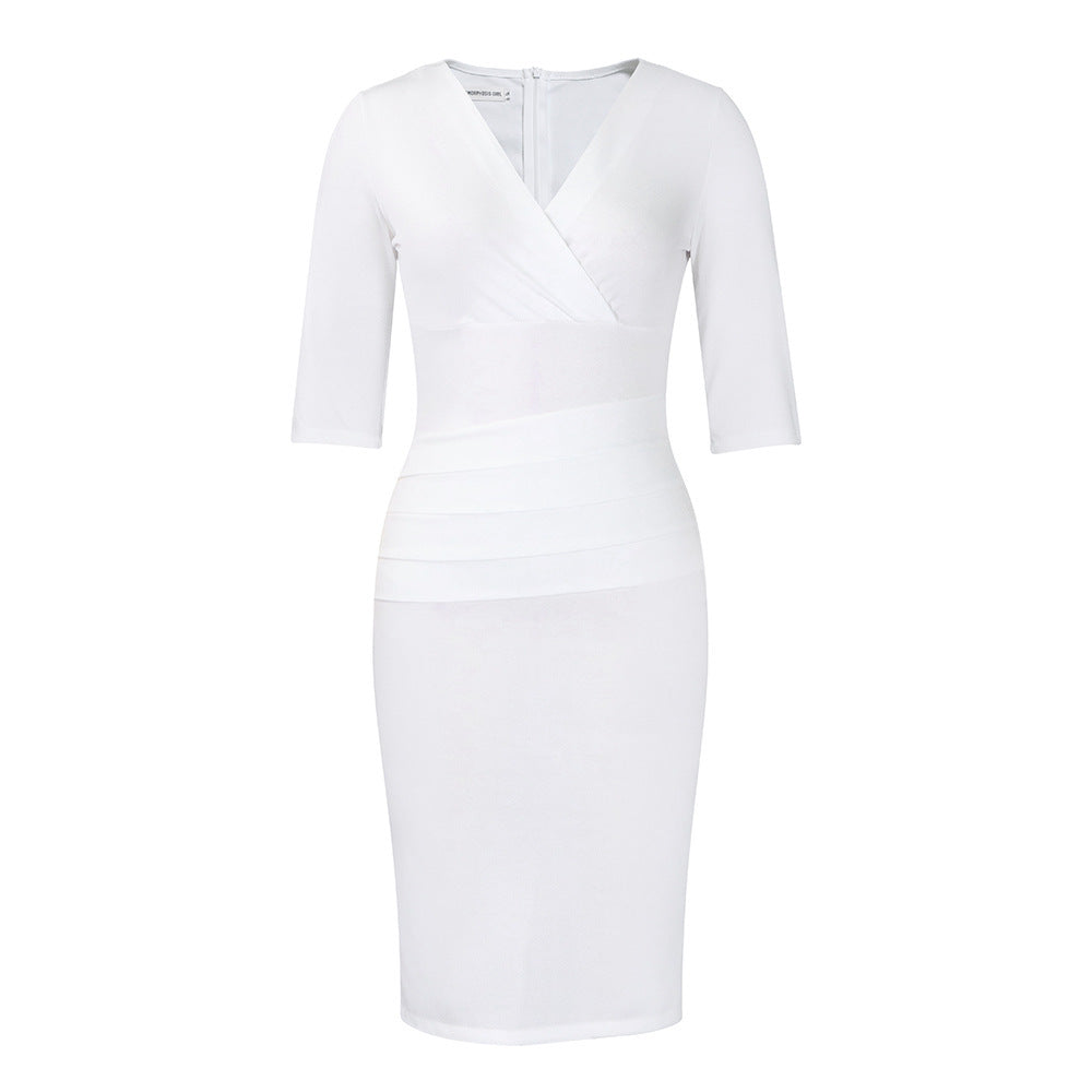 V-neck Temperament Sheath Plus Size Solid Color Dress