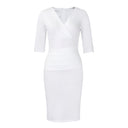 Solid V-Neck Polyester Pullover Sheath Dress
