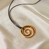 Gold Black Rope Spiral Circle Pendant Necklace