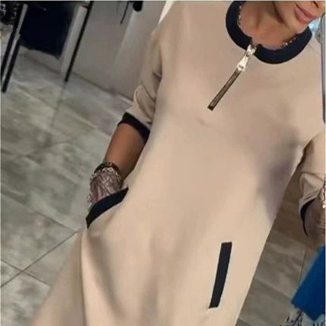 Vestido midi de mujer con cuello redondo y bolsillo con cremallera