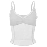 Top de malla transparente sin mangas de encaje blanco para mujer