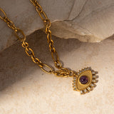 Collar de amatista con ojo malvado de acero inoxidable - Joyería Talisman bañada en oro de 18 quilates