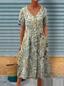 Women's Geometric V-Neck Linen-Look A-Line Dress