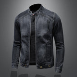 Men's Stand-up Collar Dark Blue Motorcycle Vintage Zipper Denim Coat