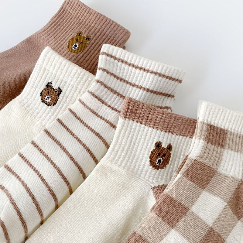 5 Paar süße Söckchen mit Teddybär-Motiv – bequeme kurze Crew-Socken