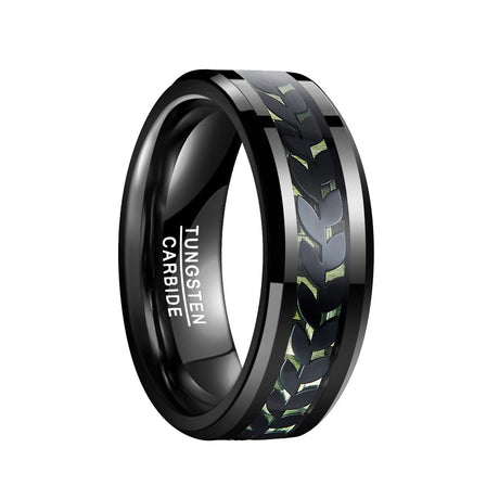 8mm Wide Inlaid Leaves Pattern Green Carbon Fiber Men's Tungsten Ring - Dazpy