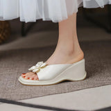 Elegant Pearl Flower High Heel Wedge Slides