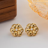 Gold Plated Stainless Steel Hollow Flower Stud Earrings - Waterproof, Vintage Style Jewelry for Women