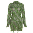 High-Waist Long-Sleeve Polyester Dress