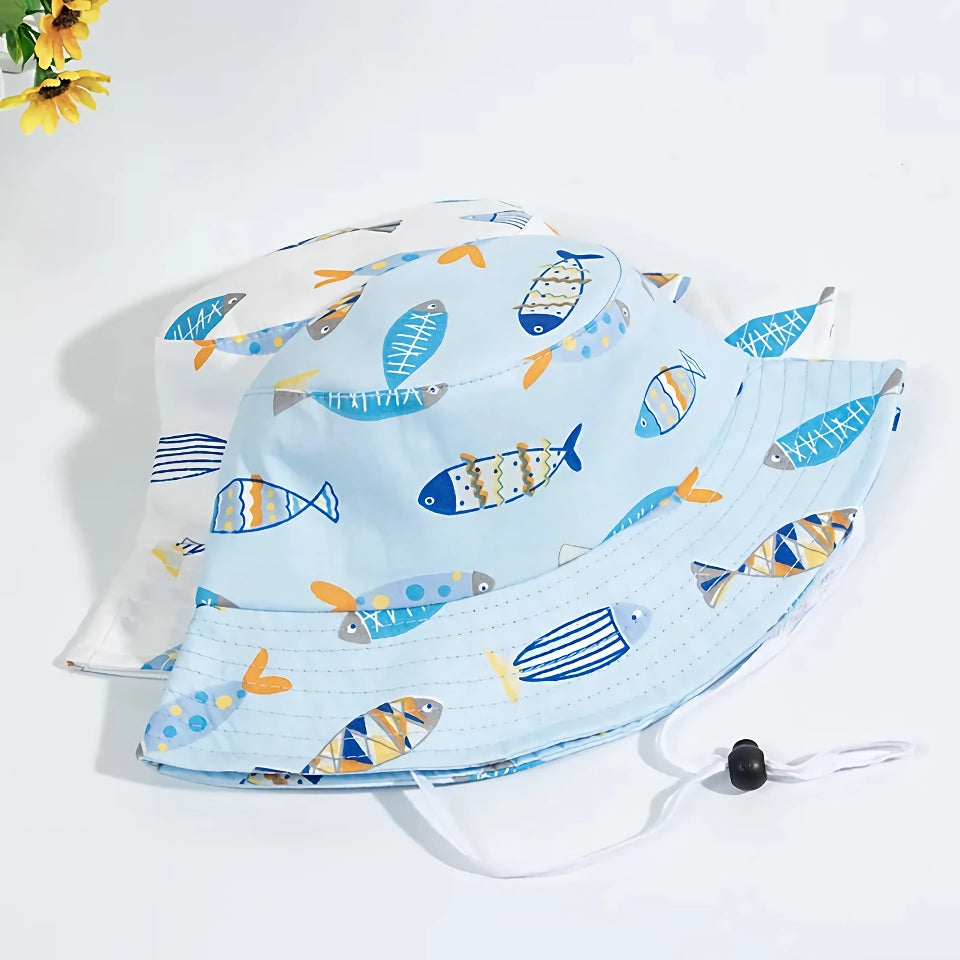 Lindo gorro de pescador de algodón con dibujos animados para bebé con cordón