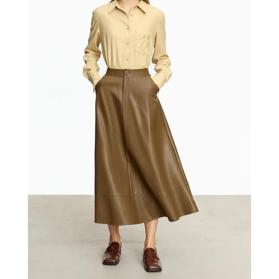 Elegante falda midi de cuero de corte A hasta los tobillos de otoño para mujer