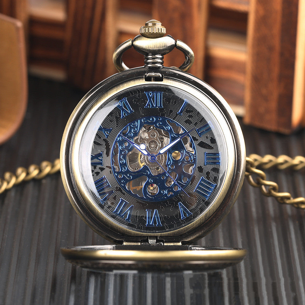 Classic Vintage Flip Magnifier Hollow Blue Shading Roman Digital Manual Mechanical Pocket Watch - Dazpy