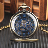 Classic Vintage Flip Magnifier Hollow Blue Shading Roman Digital Manual Mechanical Pocket Watch - Dazpy