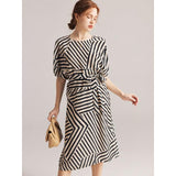 Elegant Striped Silk Mid-Calf Dress with Batwing Sleeves